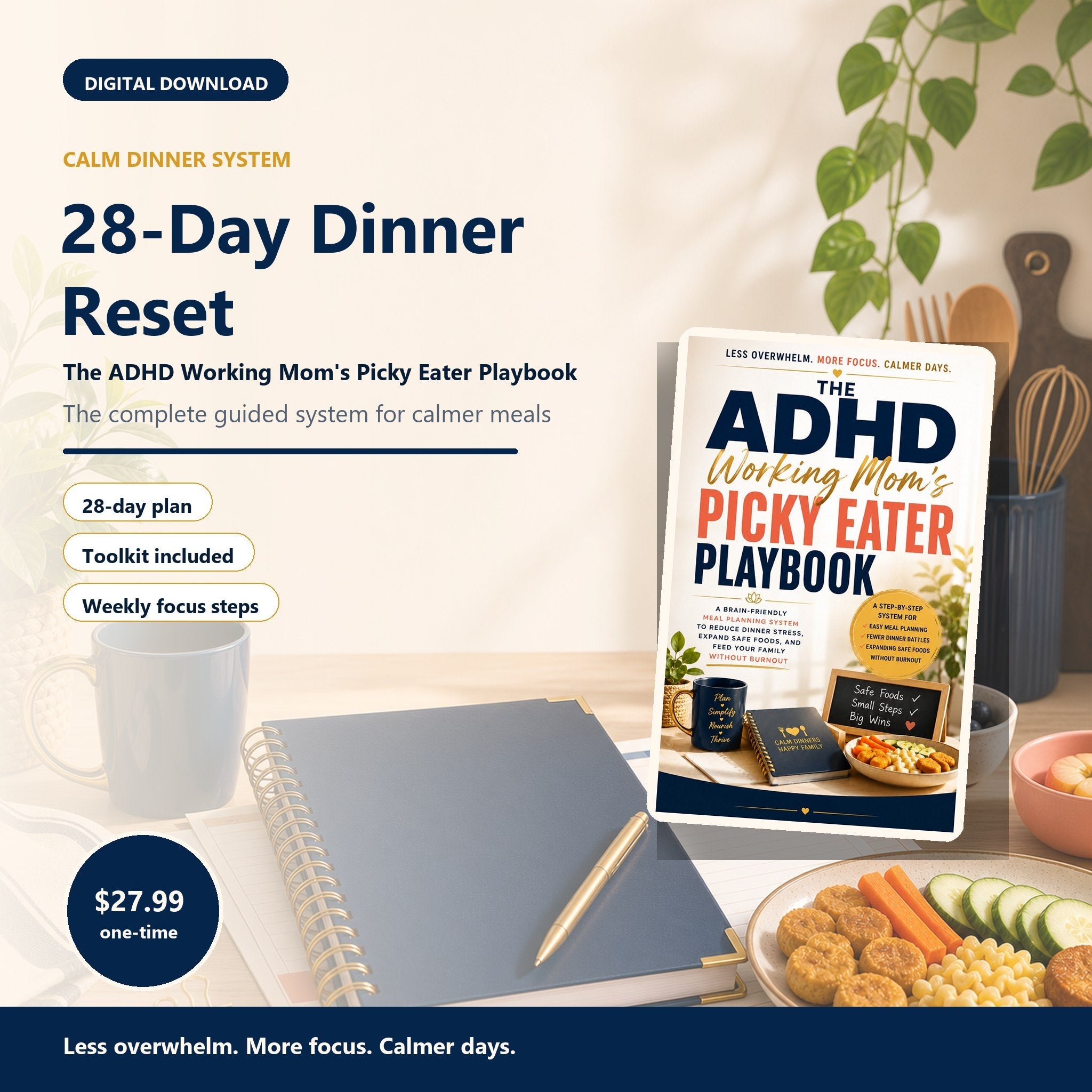 28-Day Dinner Reset digital product mockup for ADHD working moms