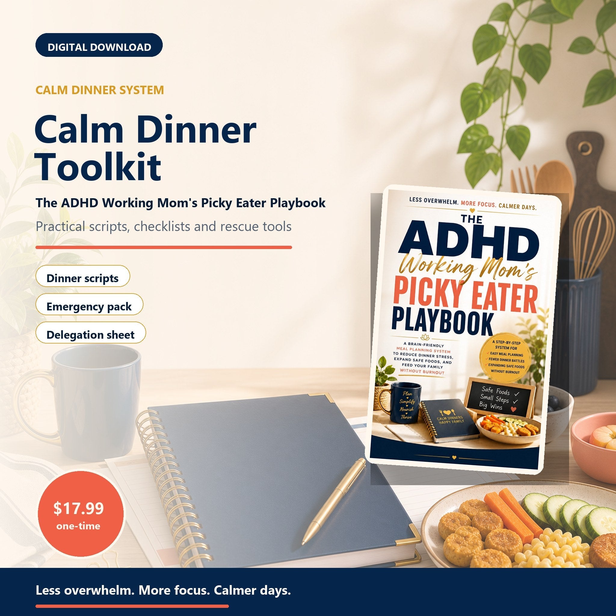 Calm Dinner Toolkit digital product mockup for ADHD working moms